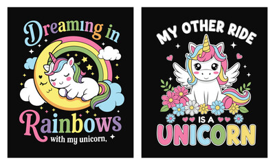 Dreaming in Rainbows sleeping unicorn on moon and clouds; My Other Ride Is a Unicorn with wings, flowers and hearts; cute pastel rainbow t‑shirt graphics for US kids, girls, moms and teachers