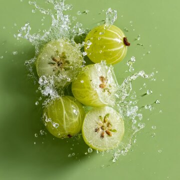 Creative layout made from Fresh Sliced Emblic or Indian gooseberry and water Splashing on a green background.