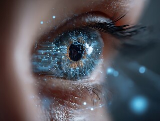 Cybernetic Eye Integration Detailed Close-up Showing Advanced Technology Circuitry and the Symbiosis of Human and Machine Intelligence