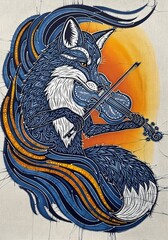 Intricate Blue Fox Playing A Violin With Folk