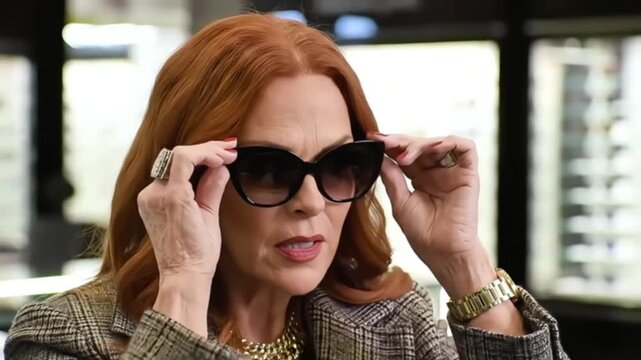 Elegant redhead woman trying on new black cat-eye sunglasses in a sophisticated optical boutique showcasing fashion style and mature beauty for eye care and acc