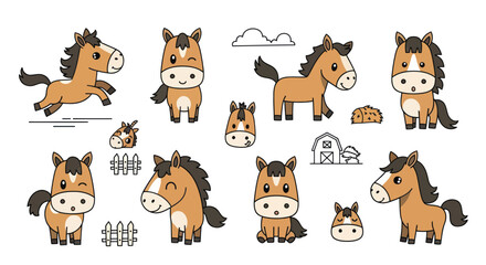 Cute cartoon horse collection for playful designs, children's illustrations, and delightful storybooks © Husmath