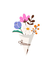 Bouquet of flowers in a paper envelope. Vector stylized color illustration.