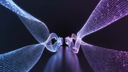 A 3D abstract motion of glowing lines and particles forming flowing ribbons of light, curving smoothly in slow motion through a dark ambient background - Powered by Adobe