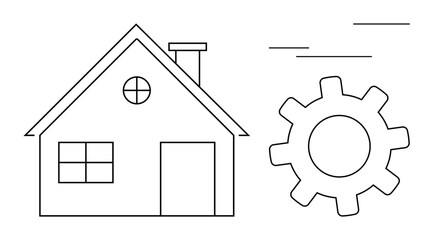 House outline paired with a gear, symbolizing concepts thumbs up technology, home innovation, engineering, real estate, process improvement, energy efficiency, and teamwork. Minimalist flat metaphor