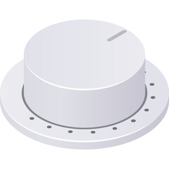 A simple white volume control knob with a grey line indicator and small grey dots marking settings on a transparent background representing adjustment and settings