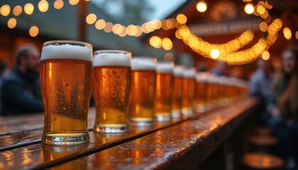 Row of beer glasses filled with amber ale, foam sits on wet wooden table. Blurred bar, bokeh lights in background suggest cozy beer festival pub atmosphere. Cold drink ready for enjoyment at outdoor