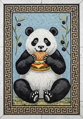 Happy Mosaic Panda Enjoying A Delicious Big Hamburger