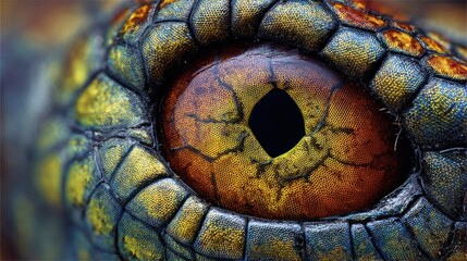 Scaled reptile eye showing shades of yellow, orange, blue, and green in intense detail