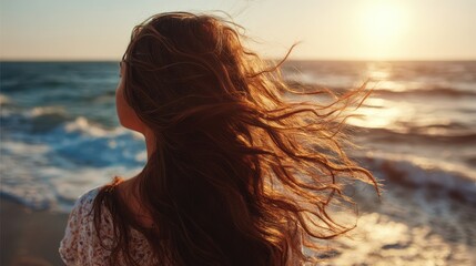 Back Of Head Woman Wind. Young Woman's Silhouette with Long Hair on Beach during Sunset