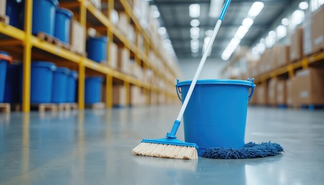 Industrial cleaning supplies arranged on warehouse floor. Blue bucket and broom sit beside mop and pail equipment. Focus on maintenance and order within a commercial workspace. - Powered by Adobe