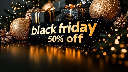 Black and Gold Christmas Elements Black Friday 50% Off Promotion Design, Festive Shopping Activity Decoration (Suitable for Promotion, Shopping Festival, Festive Activity Design, etc.)