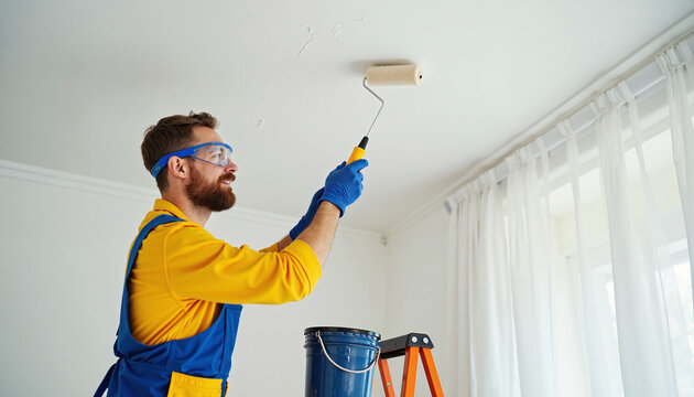 Painting ceiling with roller in bright room with painter using tool, ladder and bucket of paint. Painting ceiling is detail oriented job.