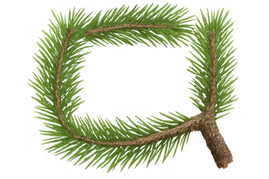 Letter q made from evergreen pine branch with needles, illustrating a natural christmas holiday alphabet font