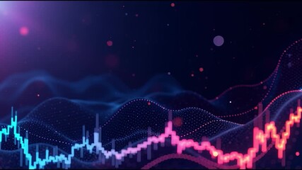 A vibrant digital representation of a financial chart showcasing fluctuating market trends with blue and pink lines against a dark background.