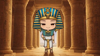 First frame showing chibi pharaoh shifting weight and blinking, posing regally among temple columns - Powered by Adobe
