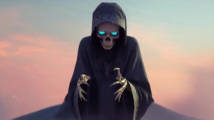 Hooded skeletal figure emerging on misty dune at dusk, extending bony fingers in grim advance - Powered by Adobe