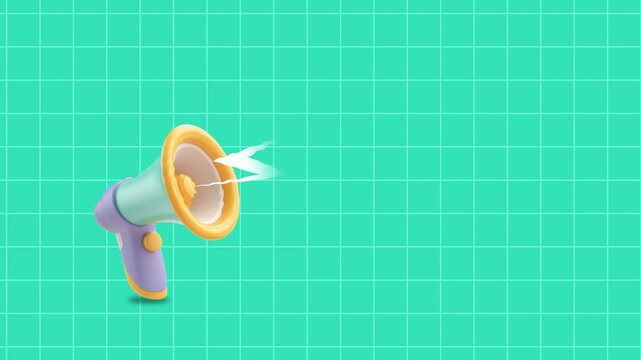 3D megaphone animation marketing concept on grid background