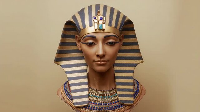 Pedestal initiating bust rotating in studio gallery, revealing striped nemes and beaded collar