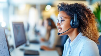 Customer Support Champion: An image of a dedicated customer service representative, headset on, radiates professionalism while providing assistance in a modern office environment.