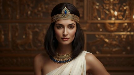 Standing Egyptian queen holding pose in throne chamber, with gemstone headband and gold relief wall - Powered by Adobe