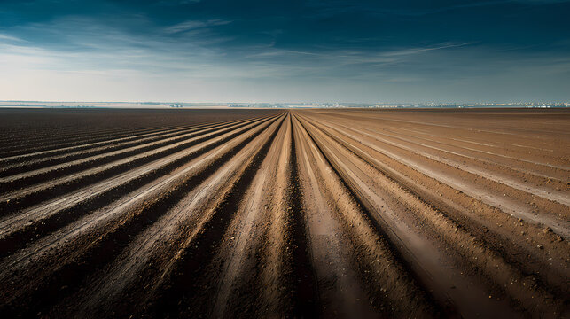 Lines of a ploughed field stretch towards the horizon under a clear blue sky, demonstrating a sense of the land's readiness for sowing