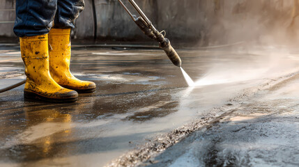 A person wearing yellow boots using a power washer to clean a concrete surface. The powerful stream of water creates a mist, illustrating the cleaning process