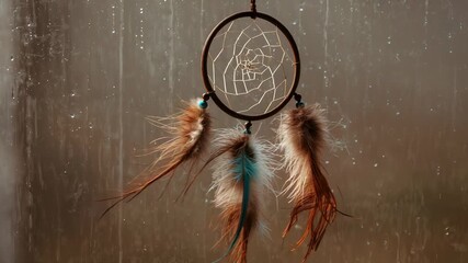 Sliding rain droplets nudging dreamcatcher swaying before wet window, with white web and feathers - Powered by Adobe