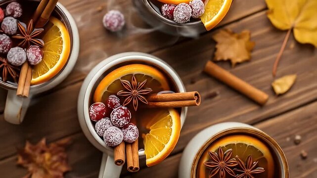Steaming mulled drinks with citrus, cinnamon, and sugared berries on a wooden surface