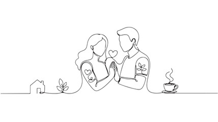Loving couple's continuous line art symbolizing home, growth, and shared moments over coffee.