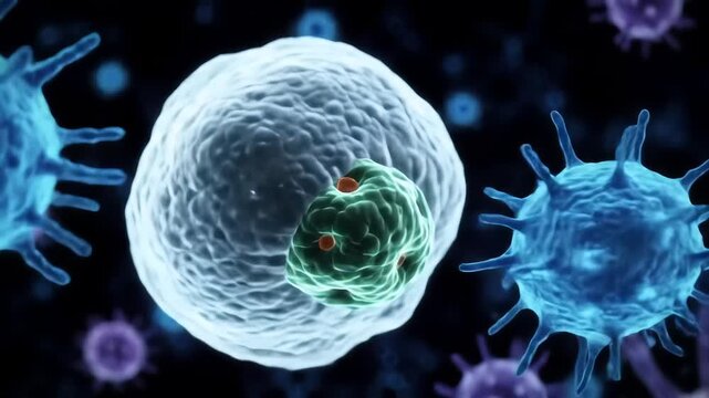 Microscopic view of a large white cell engulfing a smaller green cell surrounded by blue viruslike particles illustrating a biological process such as immune response or cellular infection in a detai.