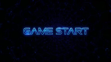 Fading in and pulsing blue neon GAME START text in digital hex grid tunnel, signaling play - Powered by Adobe