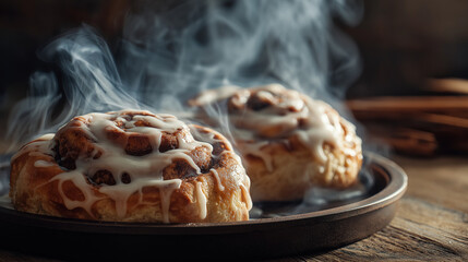 Cinnamon rolls fresh baked, sticky glaze, warm steam visible, cozy morning scene