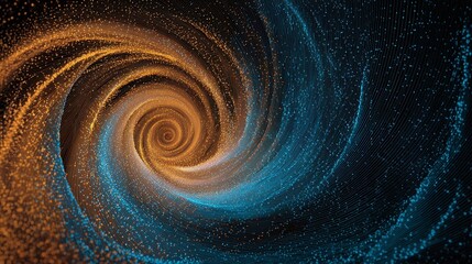Abstract swirling vortex of orange and blue lights, creating a mesmerizing digital art effect. Dotted lines converge in a spiral, suggesting flow and depth.