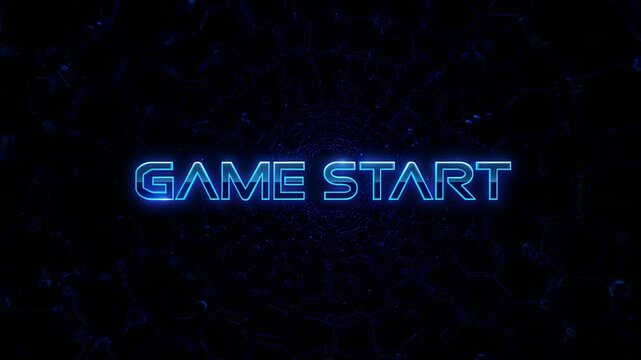 Fading in and pulsing blue neon GAME START text in digital hex grid tunnel, signaling play