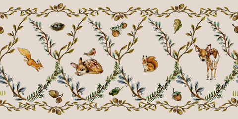 Vintage forest animals watercolor hand drawn seamless pattern for kids