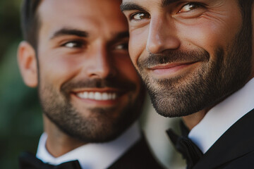 Generative AI image of gay wedding with happy lgbt couple sharing emotional moment on their wedding day
