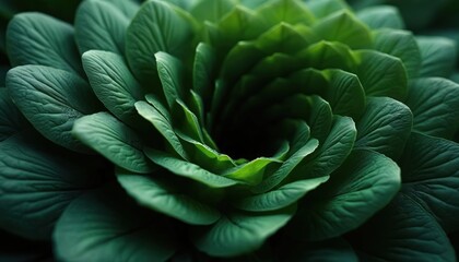Obraz premium Abstract green fractal pattern shows organic leaf shapes. Dark to light green shades create spiral design with textured lines. Resembles plant flower from above, showing growth, nature, fresh health,