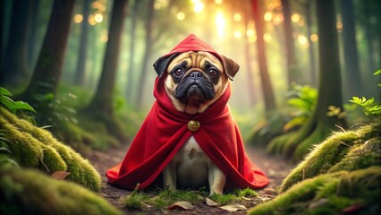 Cute pug puppy, a small black mops breed pet, sitting on the grass in the forest