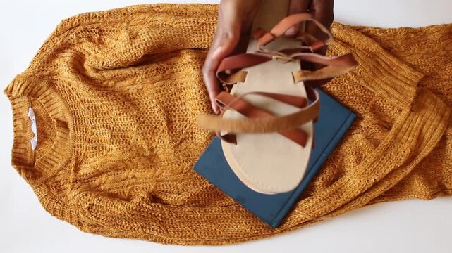 Knitted dress with a blue book and brown sandals minimal flat lay