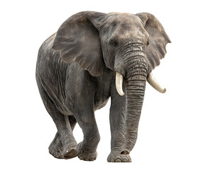 Obraz premium PNG file A majestic elephant gracefully walks forward with its massive ears and long tusks. It's a striking image of a powerful creature on transparent background PNG