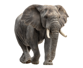 PNG file A majestic elephant gracefully walks forward with its massive ears and long tusks. It's a striking image of a powerful creature on transparent background PNG