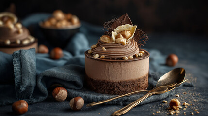 Hazelnut praline mousse pastry, dark luxury background, elegant dessert styling