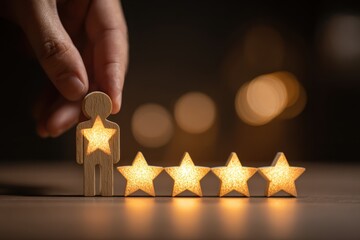 Customer Satisfaction Review Rating Wooden Human Figure with Star Cutout Five Stars Glowing on Table Excellence Service Quality Feedback Ranking Evaluation Best Choice Performance Concept