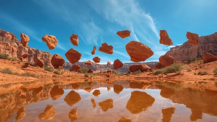 Rising sandstone boulders drifting slowly in desert canyon pool after start, reflecting red cliffs - Powered by Adobe