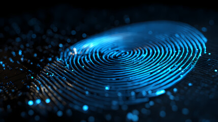 A close-up of a digital fingerprint, showing the intricate details and patterns with a glowing effect. The image evokes a sense of technology and security