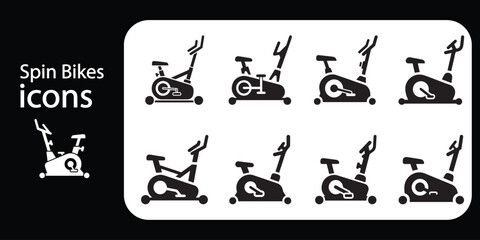 Stationary exercise bike icon set. Collection of spin bikes for cardio workouts. Gym and home fitness equipment symbols.