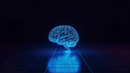Appearing holographic wireframe brain over neon grid floor, rotating with pulsing glow reflecting - Powered by Adobe