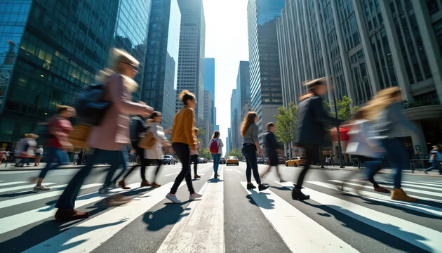 People crossing busy city street on zebra crossing. Urban commuters move fast between tall buildings. Dynamic urban lifestyle scene showing constant motion.
