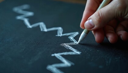 Hand draws jagged line graph on dark chalkboard surface with white chalk marker. Concept for business planning strategy development data analysis and progress tracking.